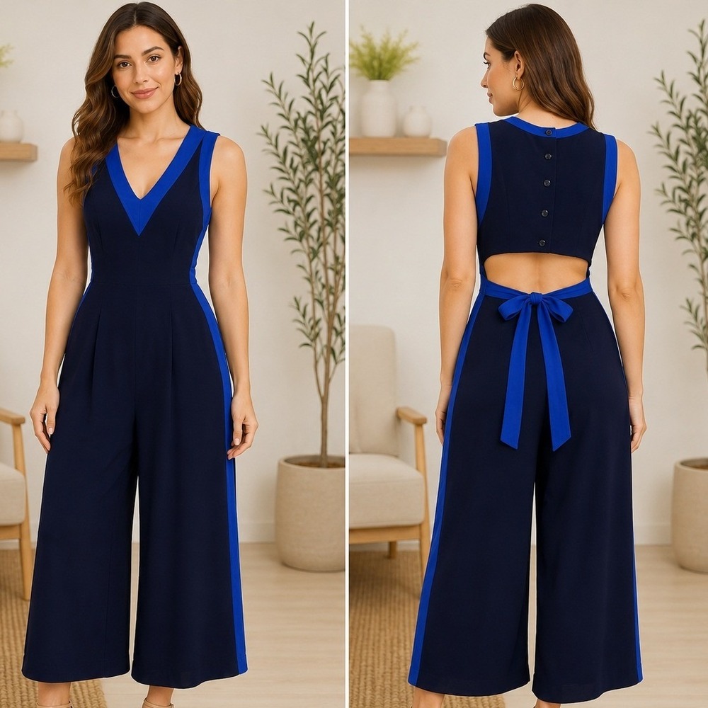 Elevenses Jumpsuit Womens 2 Navy Blue Colorblock Wide Leg Cutout Back Cropped